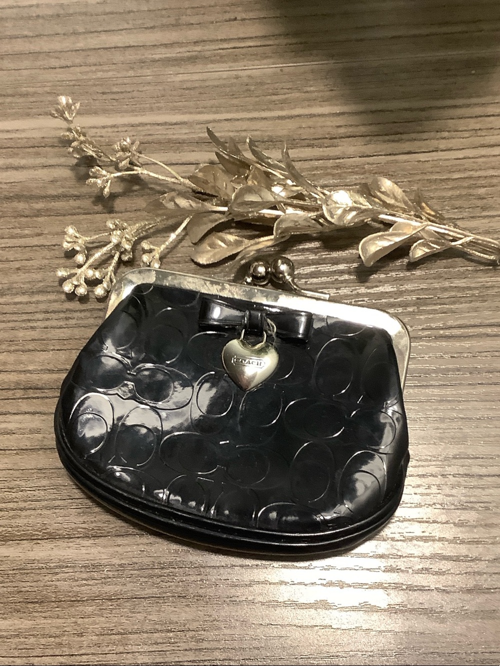 Coach Black Patent Leather Kiss-Lock Coin Purse with Heart Tag